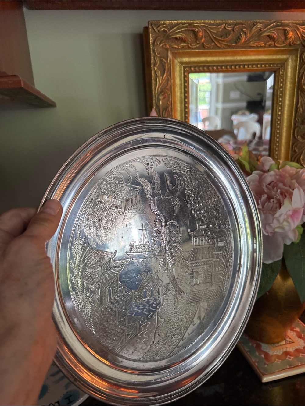Decorative Silver-Tone Etched Serving Tray - Silver